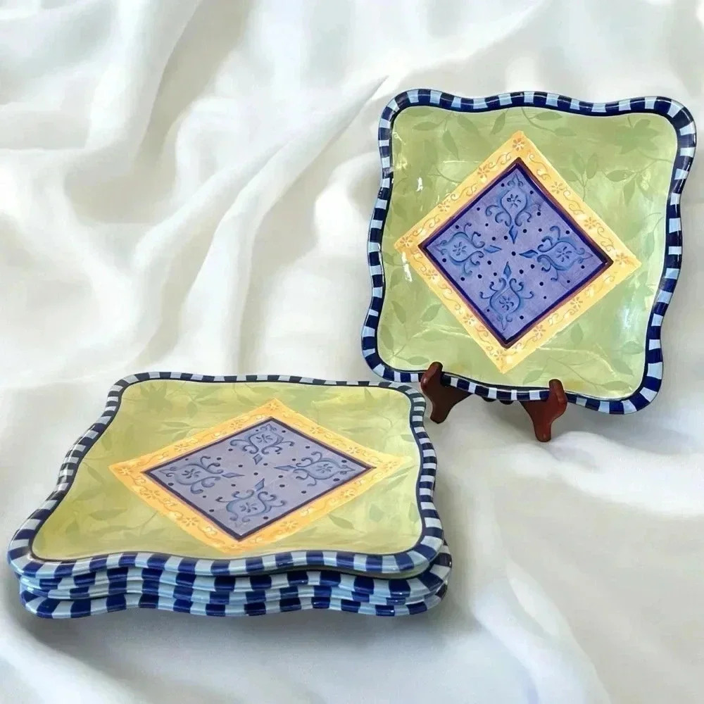 Vintage 90s Danna Cullen Post Modern Square Dinner Plates, Set of 5 RARE